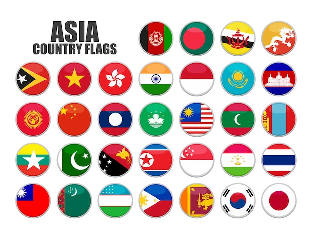 web buttons with asia country flags in flat