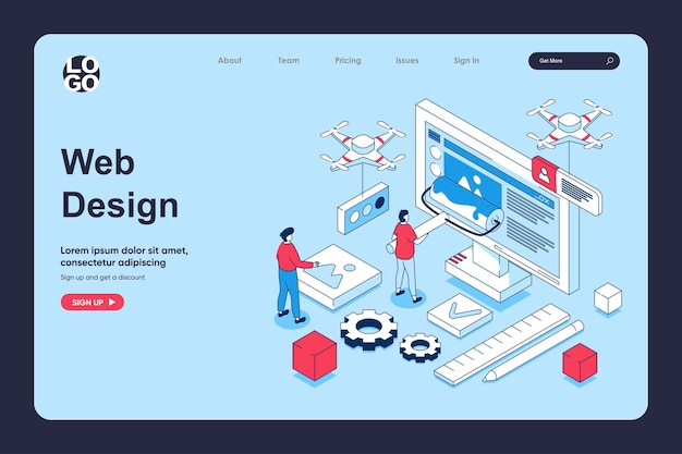 Web design concept in 3d isometric design for landing page template People creating pages layouts drawing content elements making homepages programming and settings Vector illustration for web