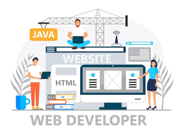 Web developer concept vector for landing page Programmer constructs website using crane and writes code Software engineer working in digital or AI technology Software development