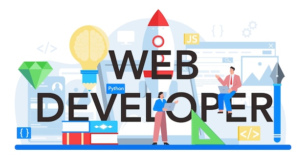 Web developer typographic header Website optimization and web page interface design Coding and testing site in the internet Modern technology idea Isolated flat vector illustration