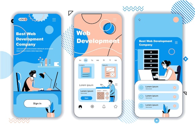 Web development concept onboarding screens for mobile app templates developers team create