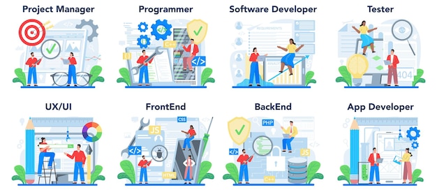 Web development concept set. Programming, coding and presenting