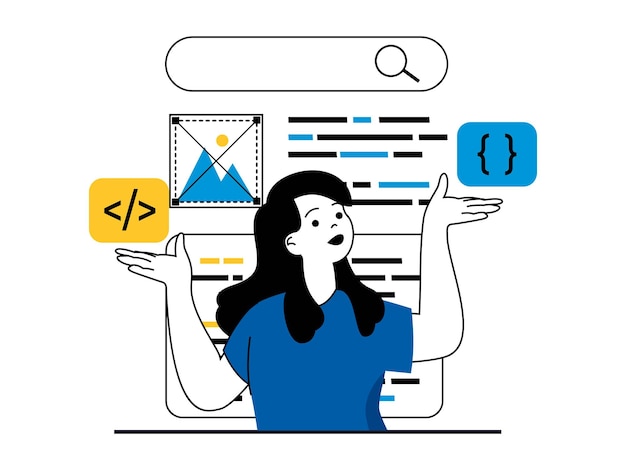 Web development concept with character situation Woman working with code creates sites template testing and settings plasing content Vector illustration with people scene in flat design for web