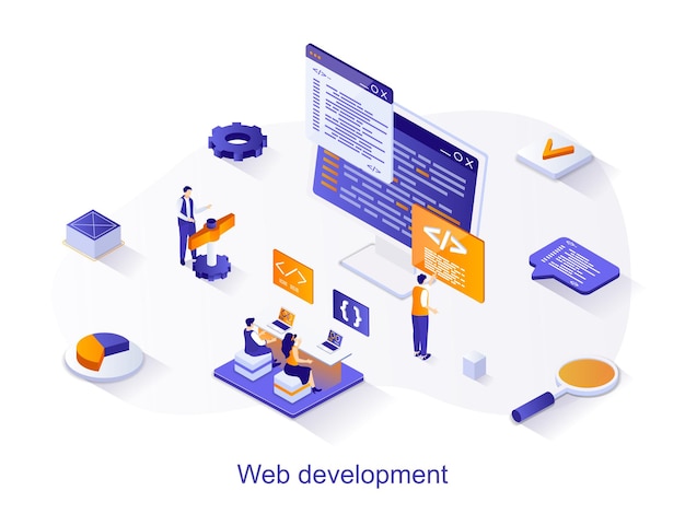 Vector web development isometric web concept people create and optimize a web page work with code