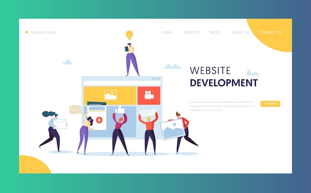 Web Development landing page template.  People Characters Teamwork Creating Web Page. User Interface Mobile Application. 