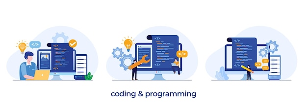 Web development programming languages css html it ui programmer cartoon character developing website coding flat illustration banner