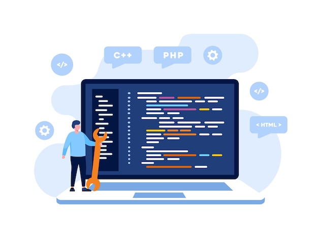 Web development programming languages css html it ui programmer cartoon character developing website coding flat illustration banner