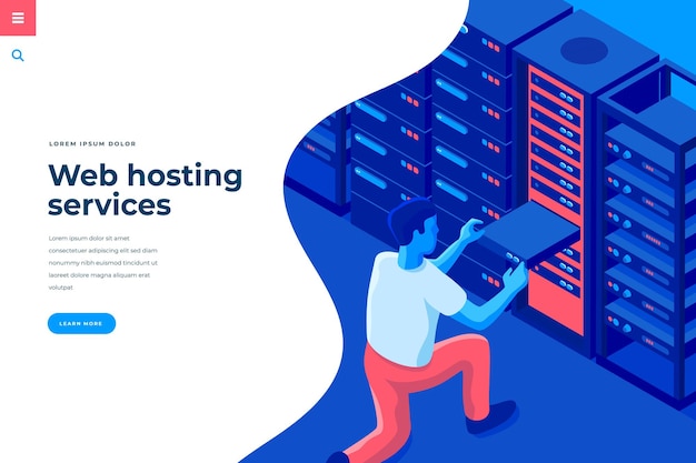 Web hosting isometric vector illustration for landing page header template or web banner with copy space for text Male character engineer in data center room interact with server computer