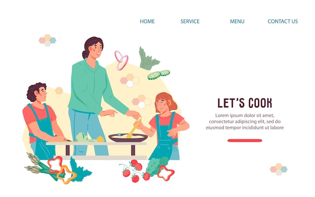 Web page banner with family cooking in kitchen mother teaching children how to cook