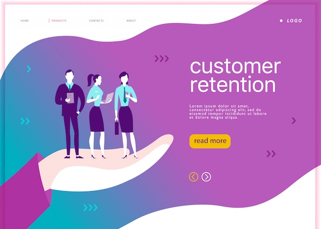  web page concept design - customer retention theme. Office people with mobile device stand on big human hand. Landing page, mobile app, site template. Business illustration. Inbound marketing.