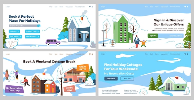 Web page design set with holiday cottage booking