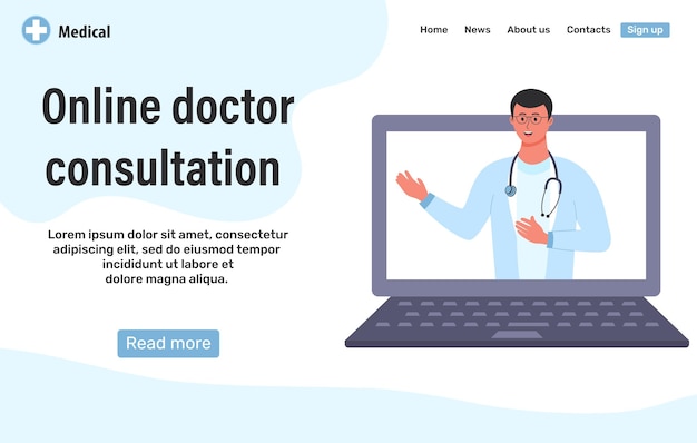 Web page design template for online doctor consultation Doctor with stethoscope on the laptop screen