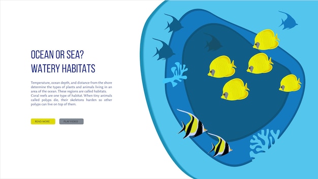 Web page design template in paper cut style underwater ocean underwater view through cave porthole Coral reef seabed fish in algae waves Vector paper craft diving World Water Day website concept