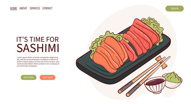 Vector web page draw sashimi raw fish vector illustration japanese asian traditional food cooking menu concept banner website advertising in doodle cartoon style