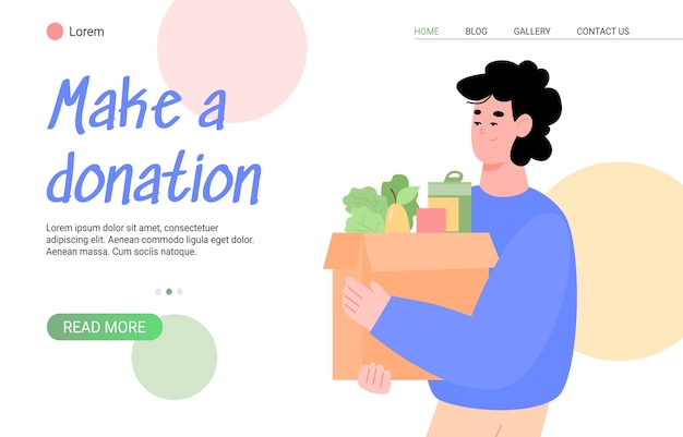 Web page template for donation and charity with man donating food to poor people