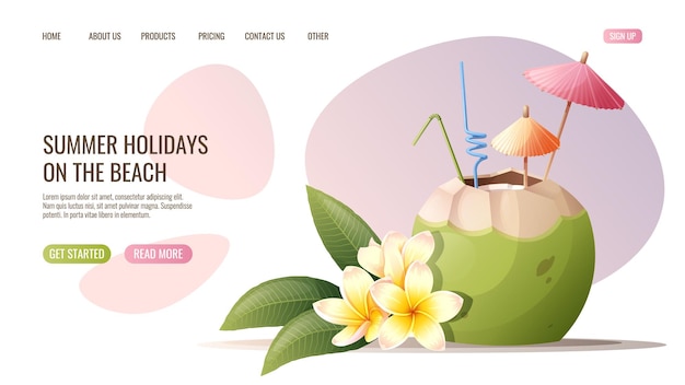 Web page template with beach cocktail in plumeria coconut Concept for web banner and landing page