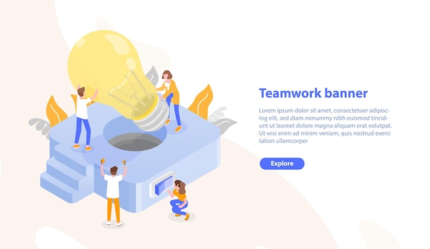 Web page template with group of people putting giant lightbulb into light fixture and place for text. Teamwork or collective work. Colorful isometric vector illustration for advertisement, promotion.