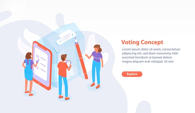 Vector web page, website or banner template with people standing beside giant ballot box at polling station and voting or taking part in election process. modern colorful isometric vector illustration.