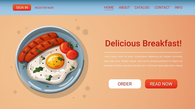 Web page with an illustration of fried eggs with sausages