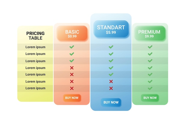 Web pricing table design with frosted glass morphism infographic for business