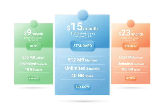 Web pricing table design with frosted glass morphism infographic for business