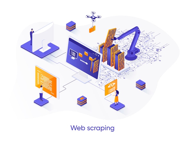 Web scraping isometric   illustration with people characters