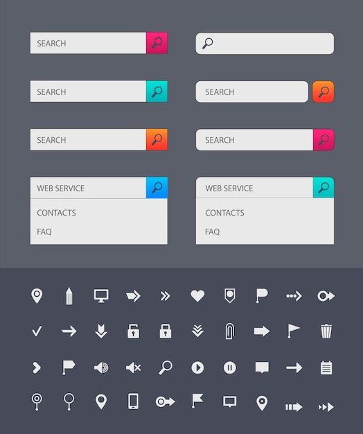  web search bar  templates on dark background. Set of icons in colorful bars or for graphic user interface on websites, applications, infographic. Web icons collection