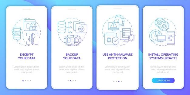 Web searching protection tips onboarding mobile app page screen. Data protection walkthrough four steps graphic instructions with concepts. UI, UX, GUI vector template with linear color illustrations