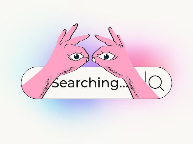 Web searching or web surfing or OSINT concert with searching bar and hands making binoculars coming out from it Vector illustration