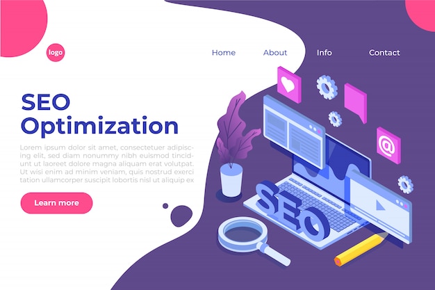 Web seo optimization illustration concept isometric. Landing page template. Sticker for web banner, web page, banner, presentation, social media, documents, cards, posters.