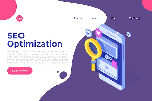 Web seo optimization illustration concept isometric. Landing page template. Sticker for web banner, web page, banner, presentation, social media, documents, cards, posters.