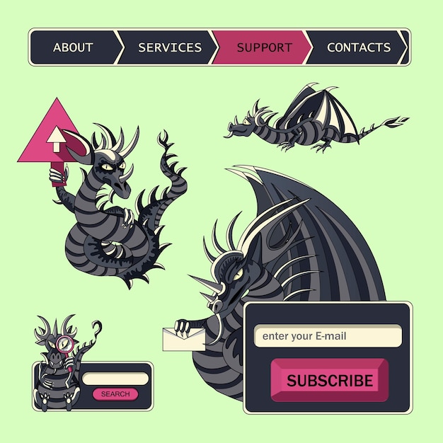 Web site menu navigation elements In fantastic style with dragons vector illustration