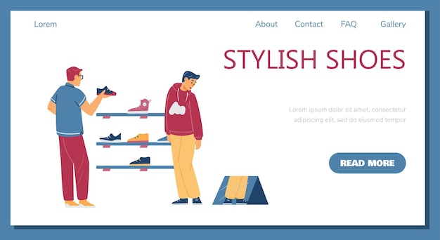 Web site template for footwear store flat vector illustration