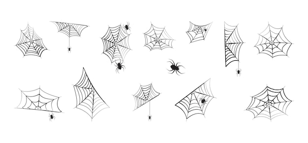 Web and spider cobweb icon Halloween set Spooky net Horror line corner black insect Illustration