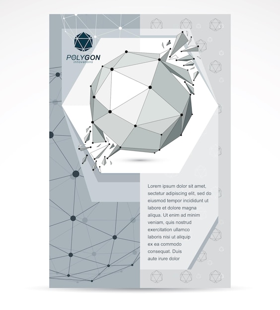 Web technologies company booklet cover design. 3d origami abstract grayscale mesh object, vector abstract design element with broken fractures.