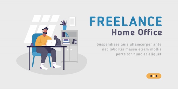 Web template for freelance, work at home, online jobs and home office.  illustration on the grey background of young man sitting at desk with laptop.