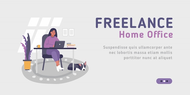 Web template for freelance, work at home, online jobs and home office, young woman sitting at desk with laptop.