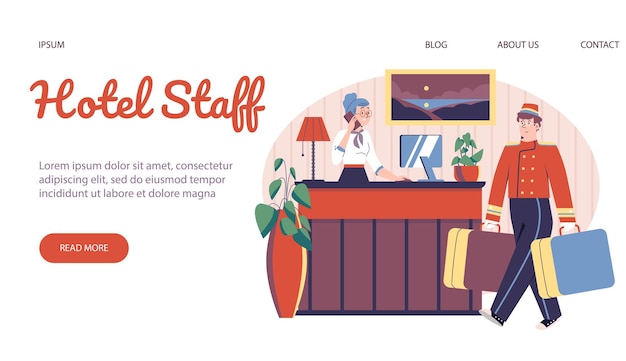 Web template with flat illustration of hotel staff landing design with reception and bellhop