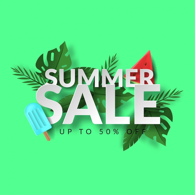 Web3d summer sale banner with ice cream, watermelon, leaf, and text on green background