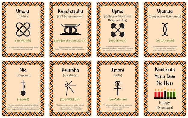 WebA set of cards with seven signs of the Kwanzaa principles Symbol with names in Swahili Poster with an ethnic African pattern in traditional colors Vector illustration