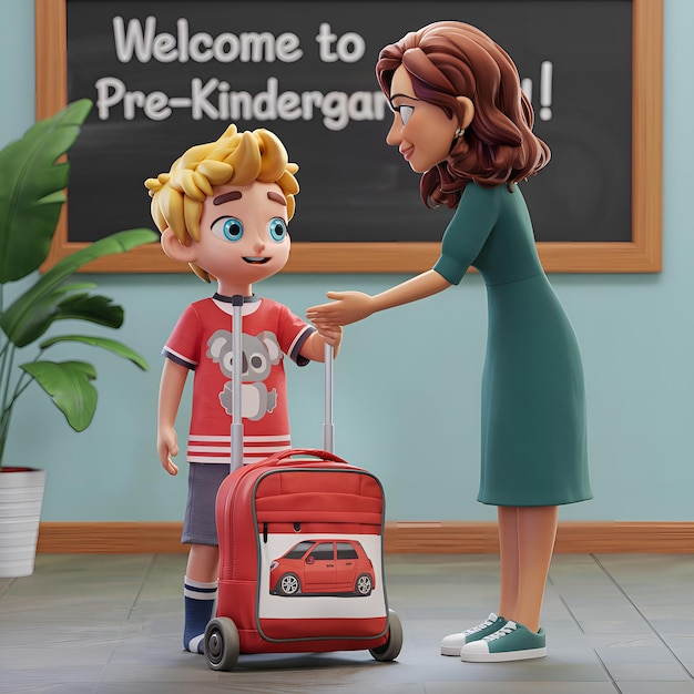 WebCartoon illustration of a mother and son holding a doll generative ai Vacation family