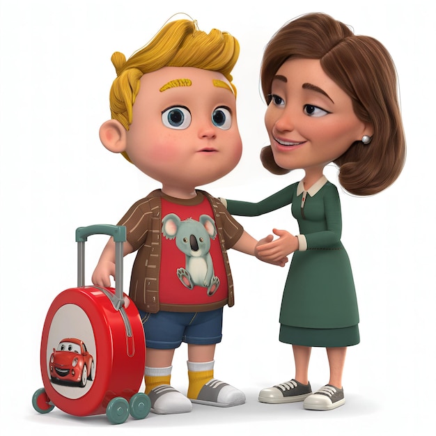 WebCartoon illustration of a mother and son holding a doll generative ai Vacation family