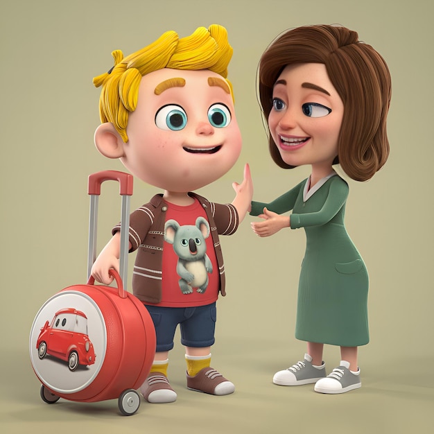 WebCartoon illustration of a mother and son holding a doll generative ai Vacation family