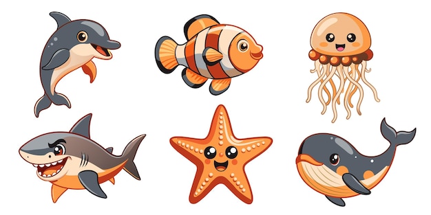 WebCartoon sea animal Colorful and Playful Cartoon Sea Creatures Dolphin Fish Jellyfish Shark