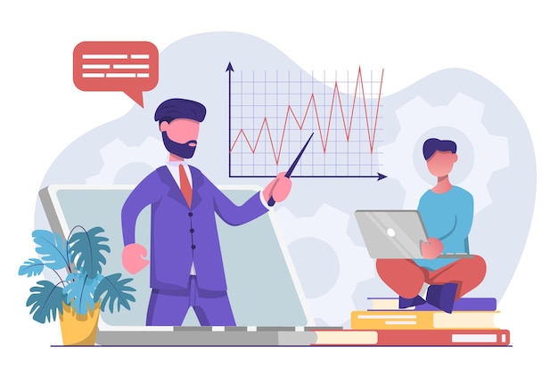 Webinar. Businessman holds a webinar on business growth, shows data on the chart