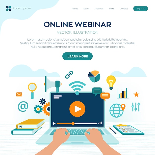 Webinar landing page. Internet conference. Web based seminar. Distance Learning. E-learning Training business concept.