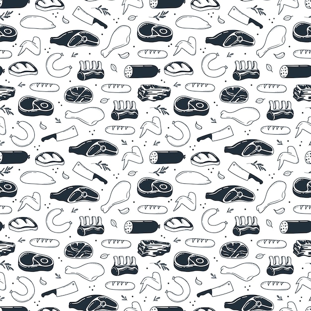 Webpattern of hand drawn meat products illustration drawn in doodle style