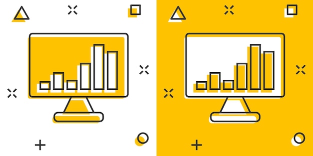 Website analytics icon in comic style SEO data cartoon vector illustration on white isolated background Computer diagram splash effect business concept