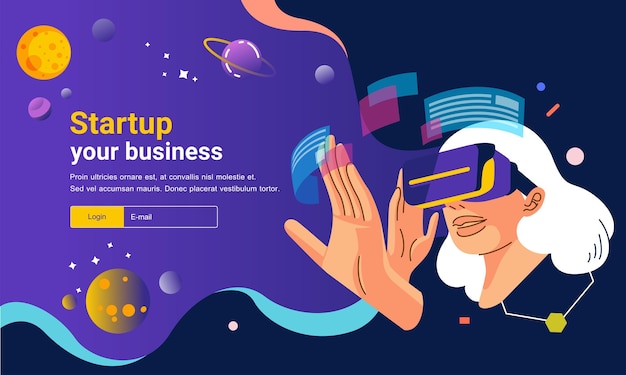 Website banner illustration of young women using virtual reality and touch the virtual interface