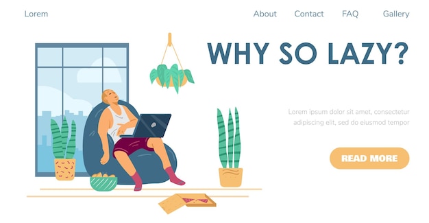 Website banner mockup with lazy man napping in chair flat vector illustration